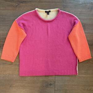 Tribal 3/4 Sleeve Crew Neck Color Block Sweater Pink, Orange, Cream Sz Petite Sm